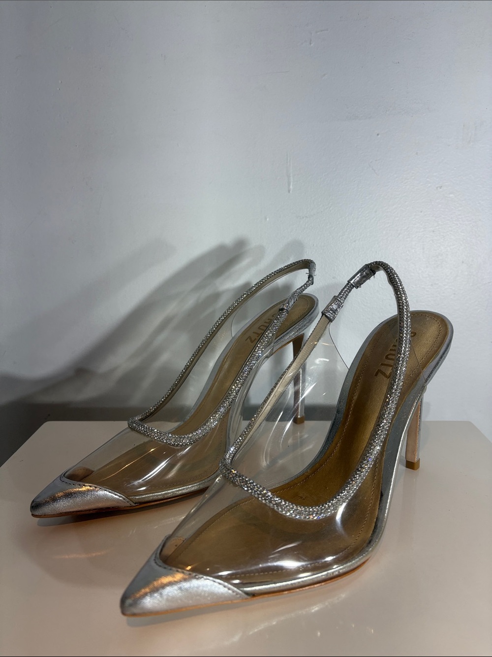 Schutz Audrey Crystal Slingback Pumps Silver Clear PVC Pointed Toe Heels Sz 7B